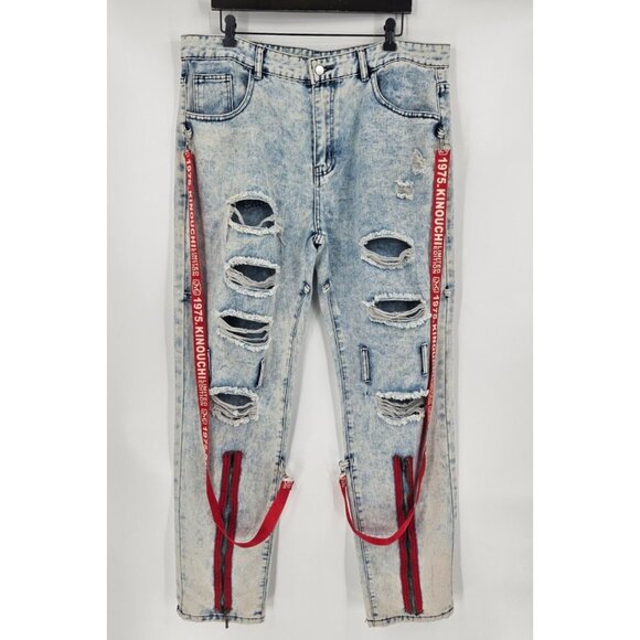 Kinouchi Mens Light Washed Jeans Distressing Rips Red Strap Detail Sz 40 - Picture 1 of 5